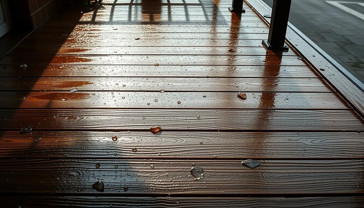 Terraza exterior mostrando impacto de elementos climáticos como lluvia y sol en materiales de construcción Efectos del clima en materiales de exterior con lluvia y exposición solar