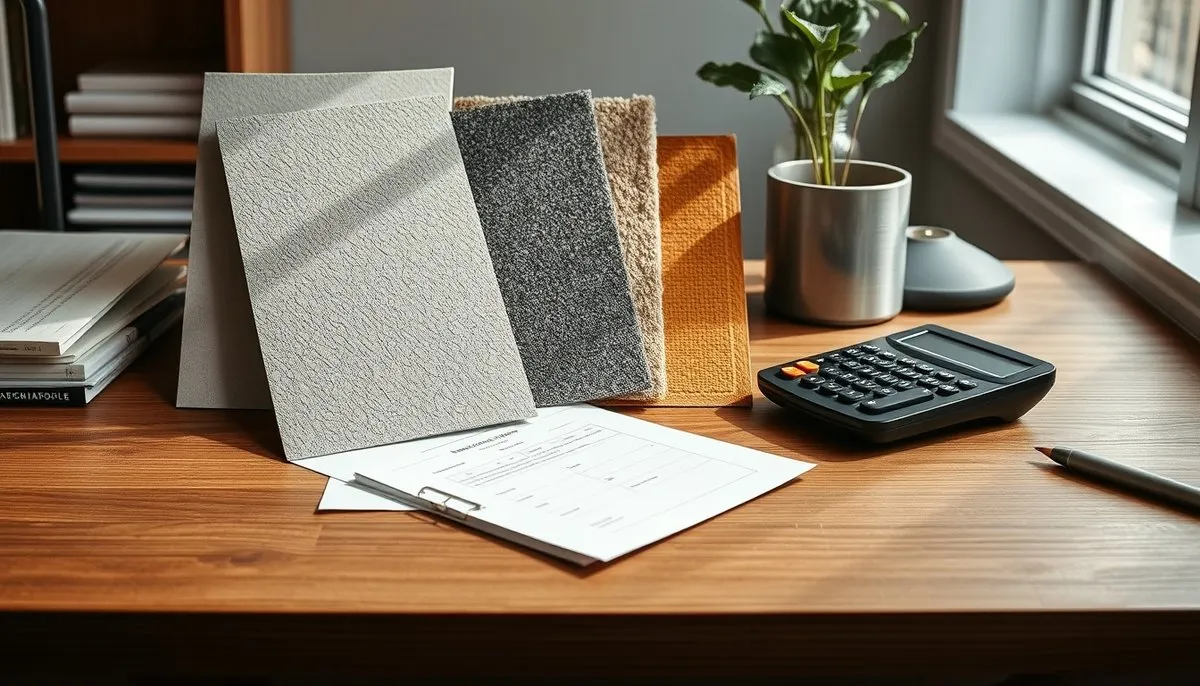 Proceso de planificación económica para selección de materiales con muestras, calculadora y hojas de costes Planificación de presupuesto con muestras de materiales y calculadora