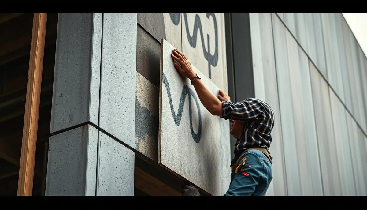 Proceso de instalación de paneles sándwich de poliuretano en fachada demostrando su ligereza y facilidad de manipulación en obra Trabajador instalando paneles sándwich poliuretano fachada edificio construcción