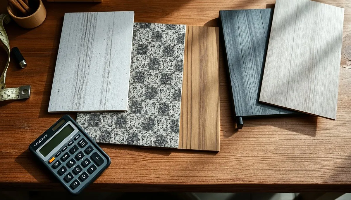 Planificación de presupuesto para instalación de paneles con calculadora, muestras y lista de precios Calculando costos de proyecto de paneles decorativos con muestras