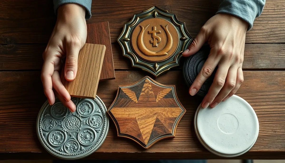 Manos examinando muestras de materiales para placas decorativas sobre mesa de madera