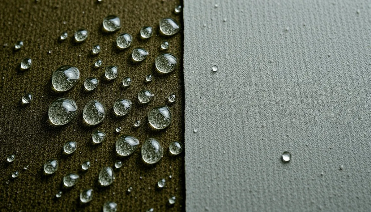 Comparación macro de gotas de agua en superficie PVC repelente versus absorción en material WPC Comportamiento del agua en PVC vs WPC mostrando resistencia y absorción